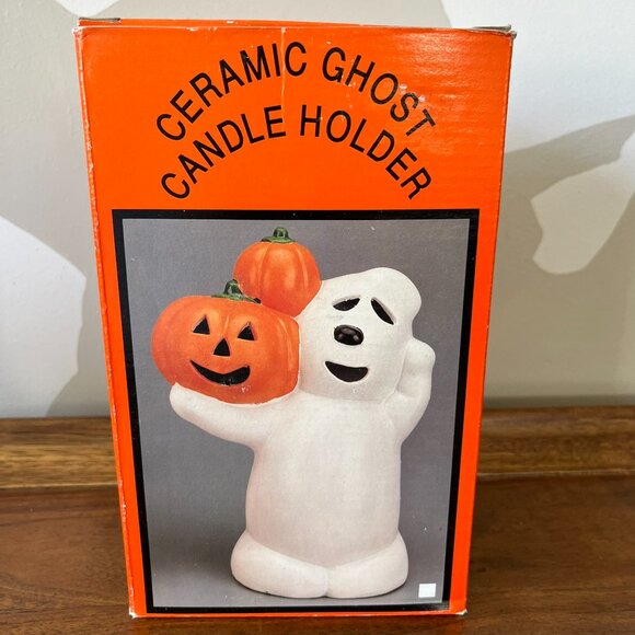 Vintage Ceramic Halloween Ghost & Pumpkin Tea Light Candle Holder Jack-O-Lantern - Picture 10 of 16